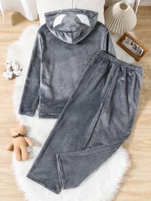 SHEIN 2件組青少年男孩休閒蜘蛛刺繡圖案長袖連帽衛衣與長褲套裝，舒適睡衣居家服，法蘭絨柔軟面料，時尚簡約百搭實用，適合日常穿著、居家穿著、疊穿，秋冬季 - 灰色 - 查看 2