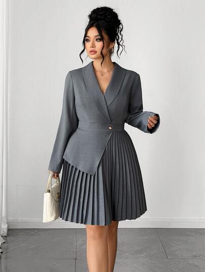 Elenzga Plus Size Halloween Grey Suit-Style Dress, Autumn Long Sleeve Pleated Wrap Short Dress, Office Commute Style With Asymmetrical Hem, Button Design, Elegant Waist-Cinching Slimming