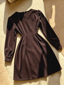 GlowEve Corduroy Small Round Neck Slit Pearl Bow Decor Exquisite Autumn/Winter Women's Short Dress - Coffee Brown - View 2