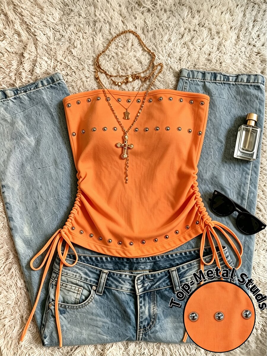 IslaSuriya Women's Bright Orange Beaded Tube Top, Ruched Drawstring Casual Top - Orange - View 1