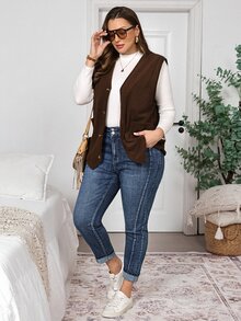 EMERY ROSE Plus Size Women's High-Rise Double-Button Stretch Skinny Jeans For Women, Dark-Wash Cuffed Ankle Denim,Halloween,Christmas,New Year,Elegant ,Concert - Blue - View 8