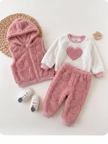 SHEIN Baby Girl Embroidered Long Sleeve Top And Pants With Zipper Hooded Vest 3 Pieces Set - Pink - View 3