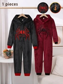 男童酒紅色長袖抓絨連身居家服 - 深灰色 - 查看 6