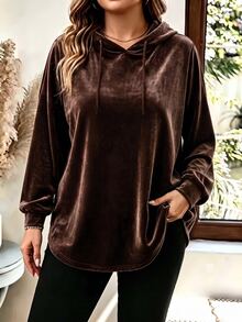 SHEIN LUNE Autumn/Winter Fashion Loose Vintage Casual Basic Coffee Color Hooded Curved Hem Plus Size T-Shirt - Coffee Brown - View 1