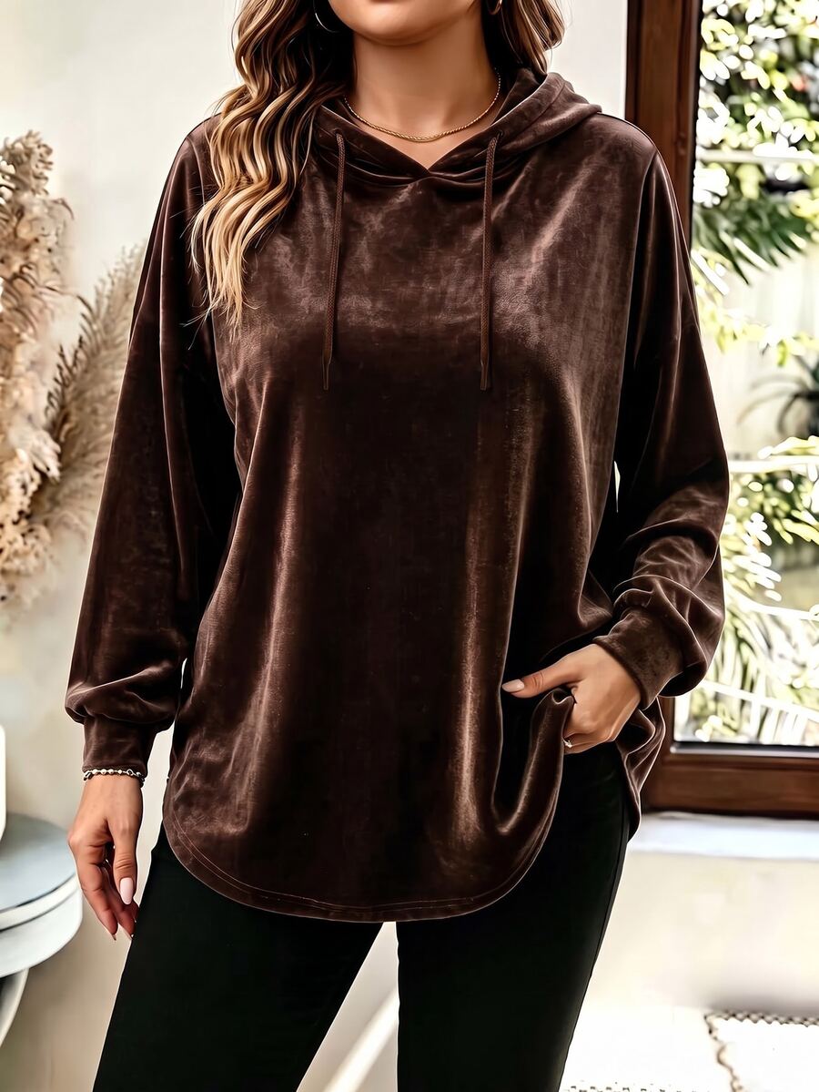 SHEIN LUNE Autumn/Winter Fashion Loose Vintage Casual Basic Coffee Color Hooded Curved Hem Plus Size T-Shirt - Coffee Brown - View 1