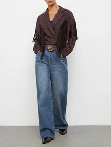 Maija Short Jacket With Fringe, Urban Style, Autumn/Winter - Brown - View 2