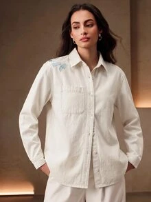 Anewsta Women's New Fashion Heavy Embroidery Luxurious Blue Blouse Jeans - White - View 3