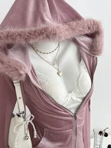 Elamini Vintage Y2K Velvet Fur Collar Hooded Rhinestone Embellished Waist-Cinching Slim Fit Long Sleeve Sweatshirt Jacket - Pink - View 1