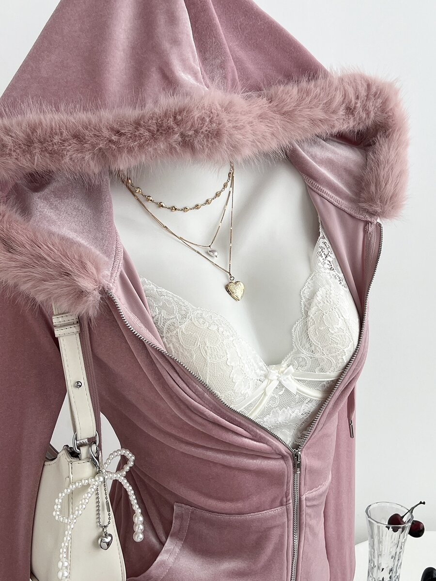 Elamini Vintage Y2K Velvet Fur Collar Hooded Rhinestone Embellished Waist-Cinching Slim Fit Long Sleeve Sweatshirt Jacket - Pink - View 1