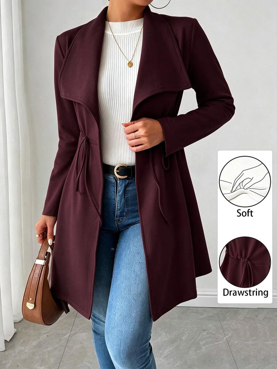 SHEIN Raffinéa Women's Solid Color Long Sleeve Casual Smart Casual Business Casual Suede Drawstring Jacket Office Burgundy Autumn/Winter - Red Violet - View 1