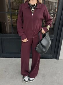 DAZY Women's 2pcs Set: Loose Casual Long Sleeve Cardigan & Straight Leg Pants, Burgundy, Autumn - Red Violet - View 3