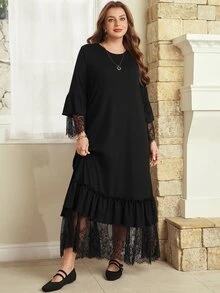 Rosumi Plus Size Women Autumn/Winter Romantic Elegant Vacation Solid Black Lace Patchwork Ruffle Hem Long Dress Formal Party Dinner Fall - Black - View 2