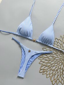 Swim Mod Women's Spring/Summer New Special Fabric Metal Decor V-Neck Halter Backless Triangle Bikini Set, 2 Pieces Swimsuit - Blue - View 3