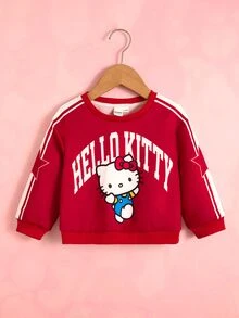 HELLO KITTY AND FRIENDS | SHEIN 女嬰字母條紋印花圓領長袖休閒衛衣 - 紅色 - 查看 3