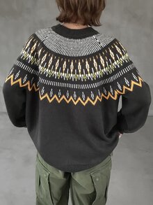 FRIFUL Women's Autumn/Winter Casual Retro Vintage 70s Geometric Pattern Sweater Everyday Going Out Grey - Dark Grey - View 2