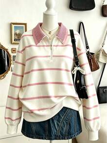 Tween Girls Half-Zip Dropped Shoulder Sweatshirt With Striped Pattern, Thermal Lined, Suitable For Autumn/Winter - Multicolor - View 1