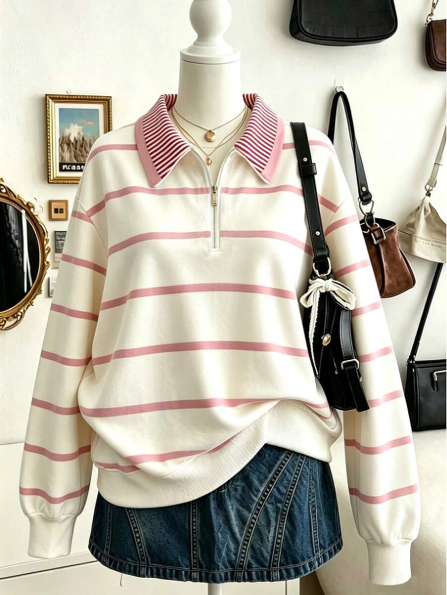 Tween Girls Half-Zip Dropped Shoulder Sweatshirt With Striped Pattern, Thermal Lined, Suitable For Autumn/Winter - Multicolor - View 1