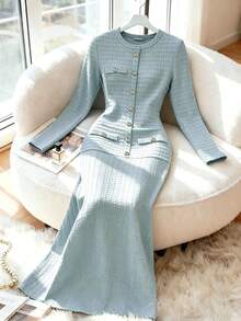 Modelyn Women's Long Autumn Round Neck Metal Button Long Sleeve Jacquard Plus Size Elegant Party Dress - Blue - View 9