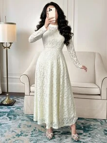Feyla Women's Elegant Commute Solid Color Jacquard Cold Shoulder Long Dress - Khaki - View 1
