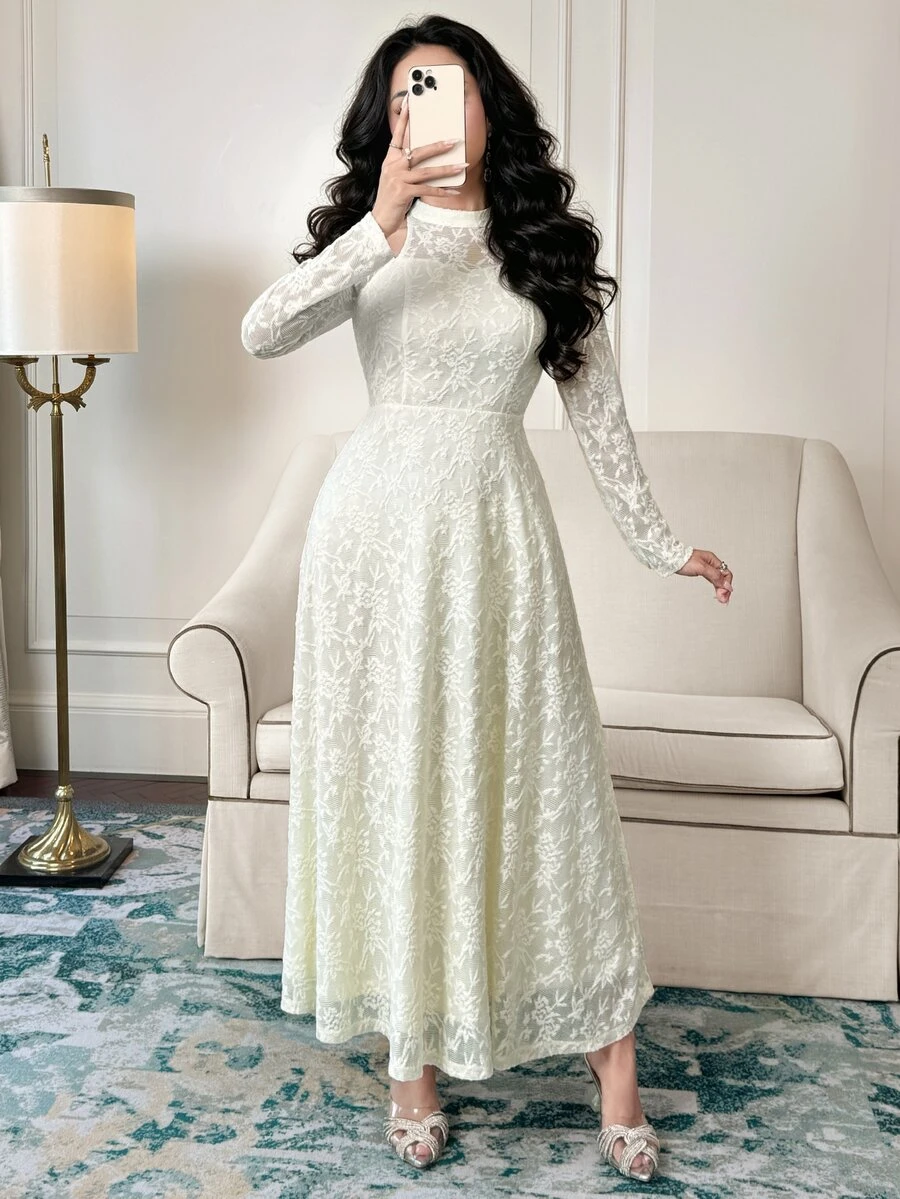 Feyla Women's Elegant Commute Solid Color Jacquard Cold Shoulder Long Dress - Khaki - View 1