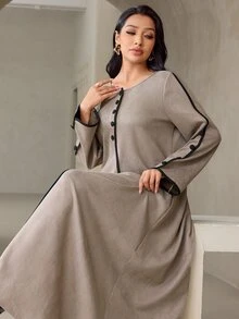 Veilorie فستان عربي أنيق للنساء بحواف متباينة - بني - مشاهدة 7
