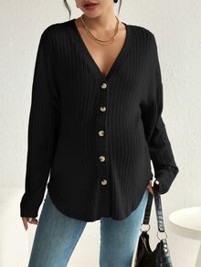 SHEIN 孕婦純色落肩長袖單排扣休閒針織開襟衫 - 黑色 - 查看 4