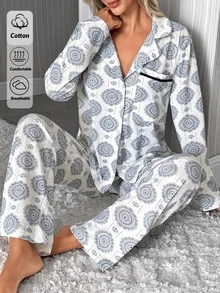 SHEIN Women's Paisley Print Pajama Set With Long Sleeve Button Front Shirt And Relaxed Fit Full Length Pants Pajama Set - White - View 6