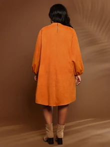 BrightlyHer Plus Size Simple Vacation Long Sleeve Dress For Weekend Outings - Orange - View 2
