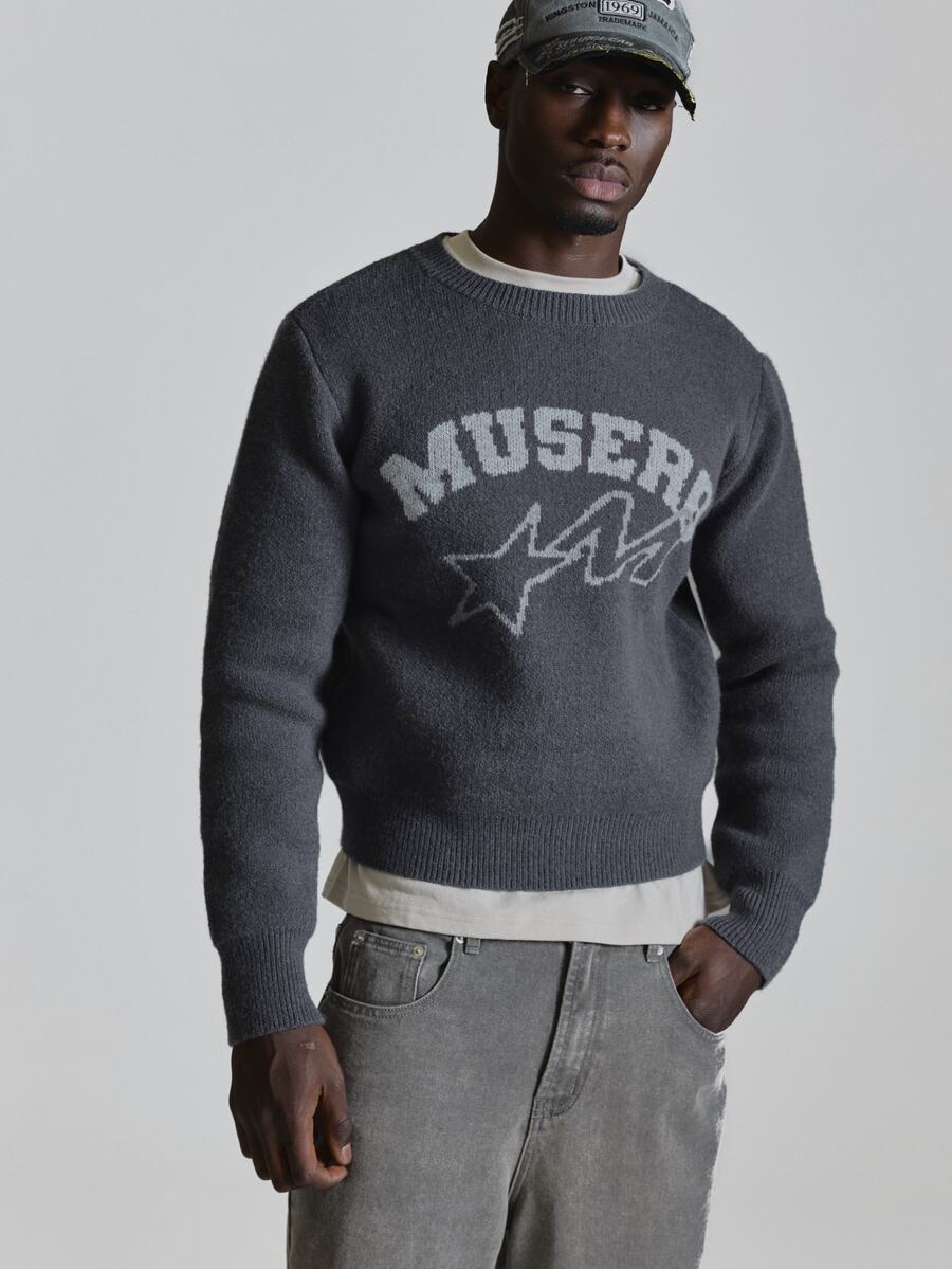 Oversized Crop Length High Neck "Musero" Intarsia Crew Neck Knit Sweater Autum Winter Essentials - Dark Grey - View 1