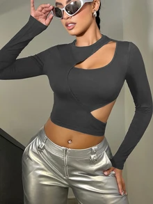 SHEIN ICON 時尚性感純色鏤空修身短版T恤 - 深灰色 - 查看 3