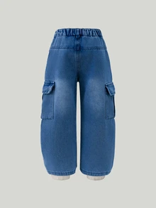 SHEIN 女童街頭風甜酷寬腿大口袋工裝牛仔褲 - 中等水洗藍 - 查看 2