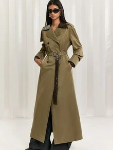 LYSMO Women's PU Plaid Collar Long Coat, Autumn/Winter Commute - Army Green - View 5