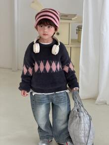 DAZY Infant/Toddler (Boy) Round Neck Diamond Grid Long Sleeve Autumn/Winter Korean Style Sweater - Grey - View 7