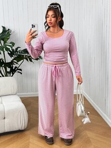 SHEIN EZwear Plus Size Autumn Casual Striped Top And Pants 2 Pieces Set - Multicolor - View 1