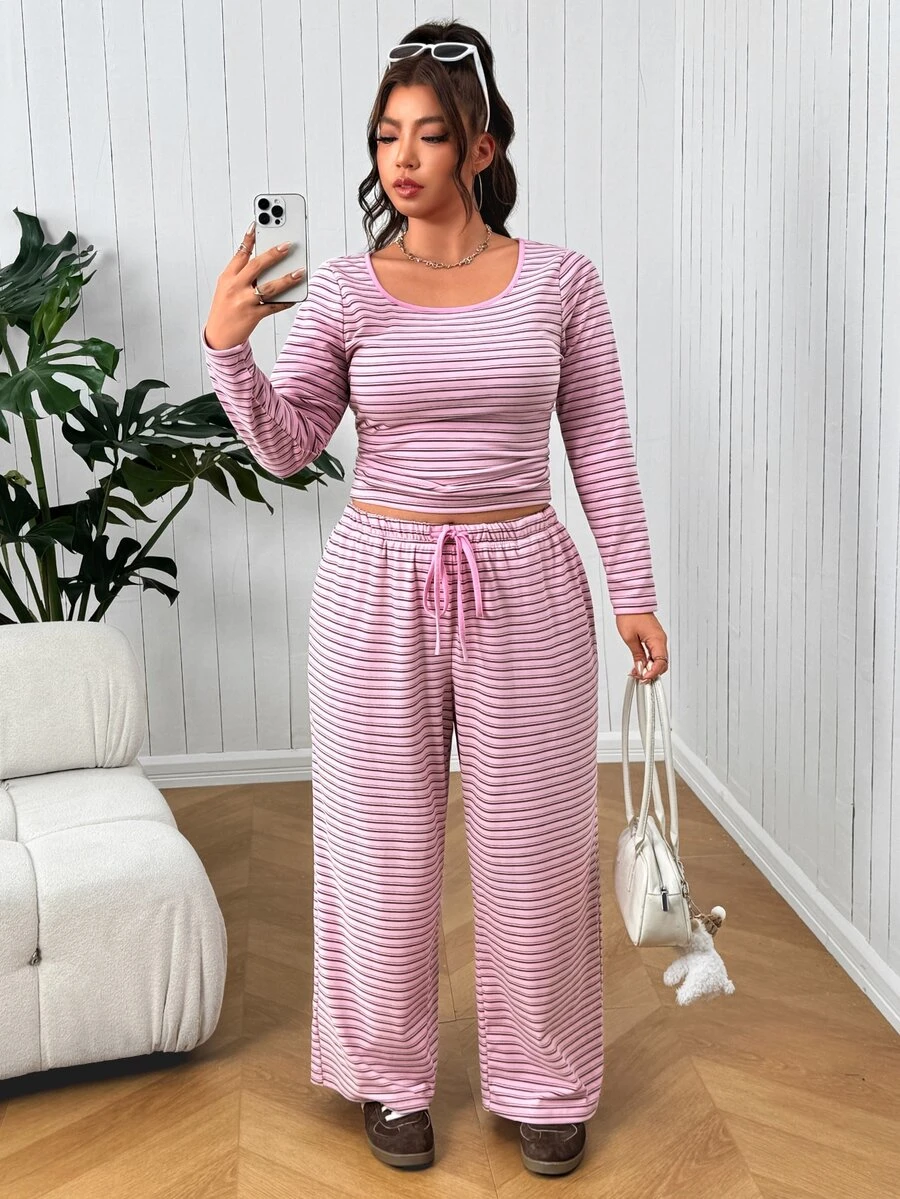 SHEIN EZwear Plus Size Autumn Casual Striped Top And Pants 2 Pieces Set - Multicolor - View 1