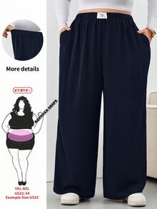 SHEIN CURVE+ 大尺碼格紋長褲，黑白格紋彈性腰帶口袋寬腿，2026秋冬 22W - 藏蓝色 - 查看 7