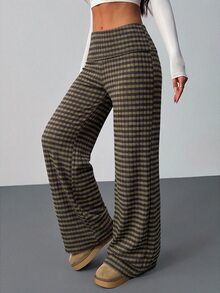 SHEIN Tall 女款摺腰運動休閒條紋喇叭褲，適合早午餐與日常穿著，橄欖綠，秋季 - 彩色 - 查看 4