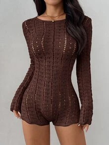 SHEIN PETITE 女款性感純色鏤空露背針織連身褲 秋冬款 - 巧克力棕 - 查看 1