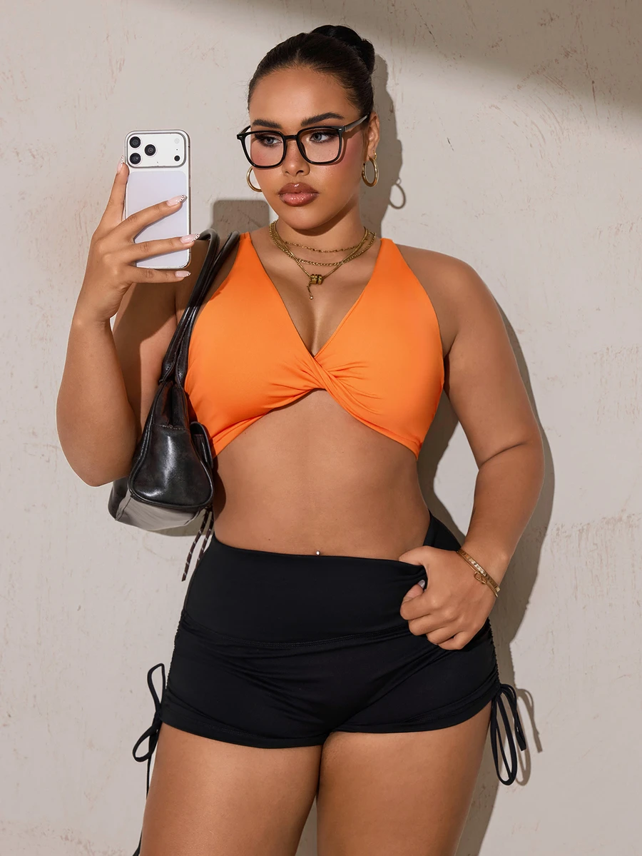 SHEIN Rhythm Era Women's Plus Size Solid Color Casual Daily Sports Bra - Orange - View 1