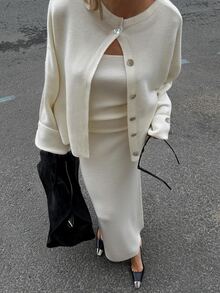 Cévolie Women's Solid Color Dropped Shoulder Long Sleeve Single-Breasted Knit Cardigan - Beige - View 1