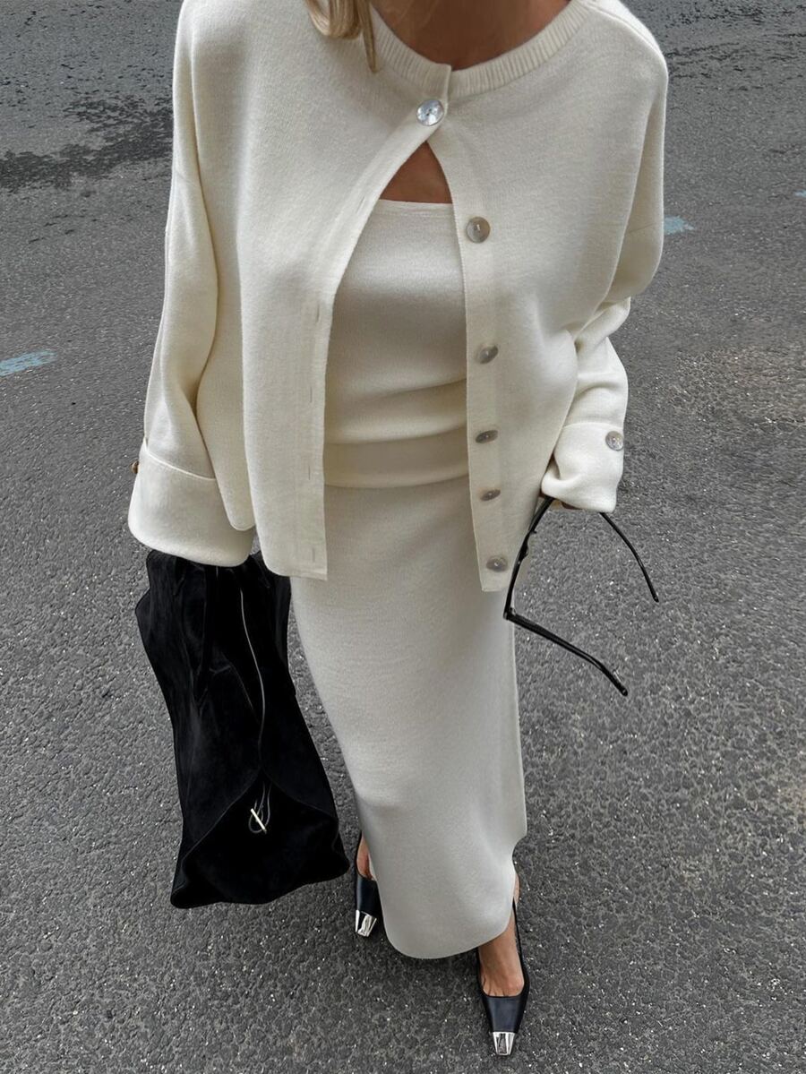 Cévolie Women's Solid Color Dropped Shoulder Long Sleeve Single-Breasted Knit Cardigan - Beige - View 1