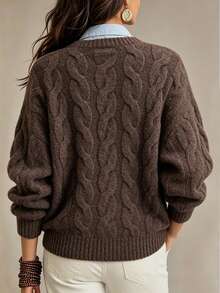 Trelyra Women's Fashion Vintage Cable Knit Long Sleeve Sweater, Preppy Style - Coffee Brown - View 2