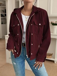 SHEIN Frenchy 女款時尚拉鍊鈕扣長袖連帽外套 - 酒紅色 - 查看 4