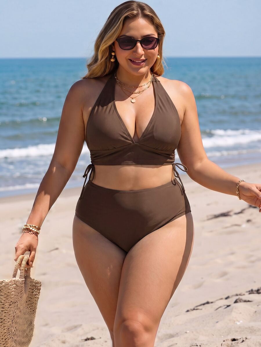 Swim Lushoire Plus Size Women's Summer Beach Vacation Party Solid Color Halter Tie Sexy Tropical Fashion Bikini Two-Piece Swimsuit Set Brown - Multicolor - View 1