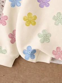 Cream White, Sweet Colorful Cream Flower Pattern, Tween Girls' Casual Minimalist Thick Soft Comfortable Crew Neck Pullover Sweatshirt Suitable For Autumn/Winter Daily Wear - Multicolor - View 5