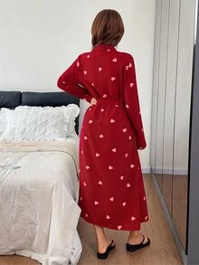 Napfluff Jubah Wanita Lengan Panjang Berkerah Motif Garis Hati dengan Sabuk - Merah - View 2