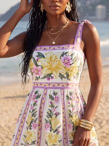 CAJUNI 女款花卉印花時尚度假洋裝 白色與黃色 夏季熱帶海灘浪漫歐風 - 彩色 - 查看 5