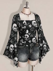 SHEIN ICON 大尺碼女款萬聖節骷髏印花深色哥德風上衣 - 彩色 - 查看 4