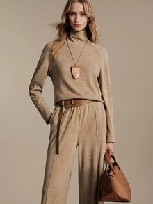 Anewsta Essential Elegant Commute Ruched High Neck Women's Brown Knit Set - Khaki - View 2