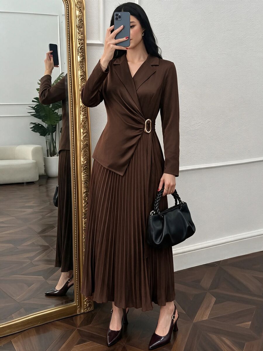 Modelyn Women's Solid Color Elegant Blazer Collar Pleated Dress - Coffee Brown - View 1